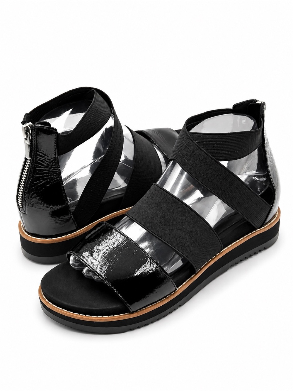 NWOB Eileen Fisher Klay Black Patent Leather Strappy Wedge Sandal 8 Comfort